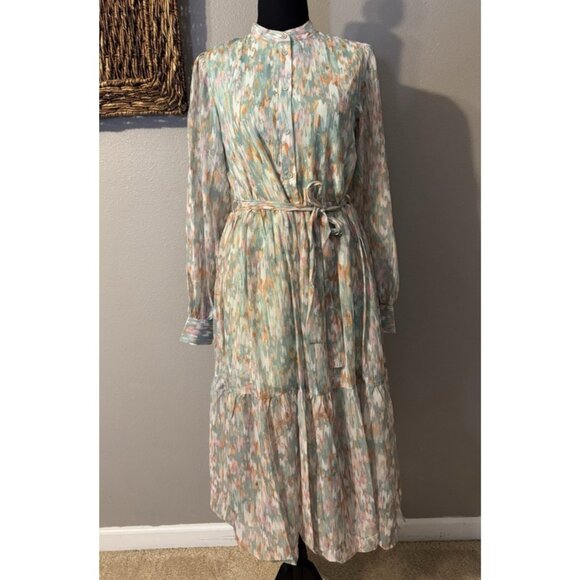 Spring & Mercer Watercolor Chiffon Midi Prairie Dress Small Long Sleeve NEW - Picture 8 of 16